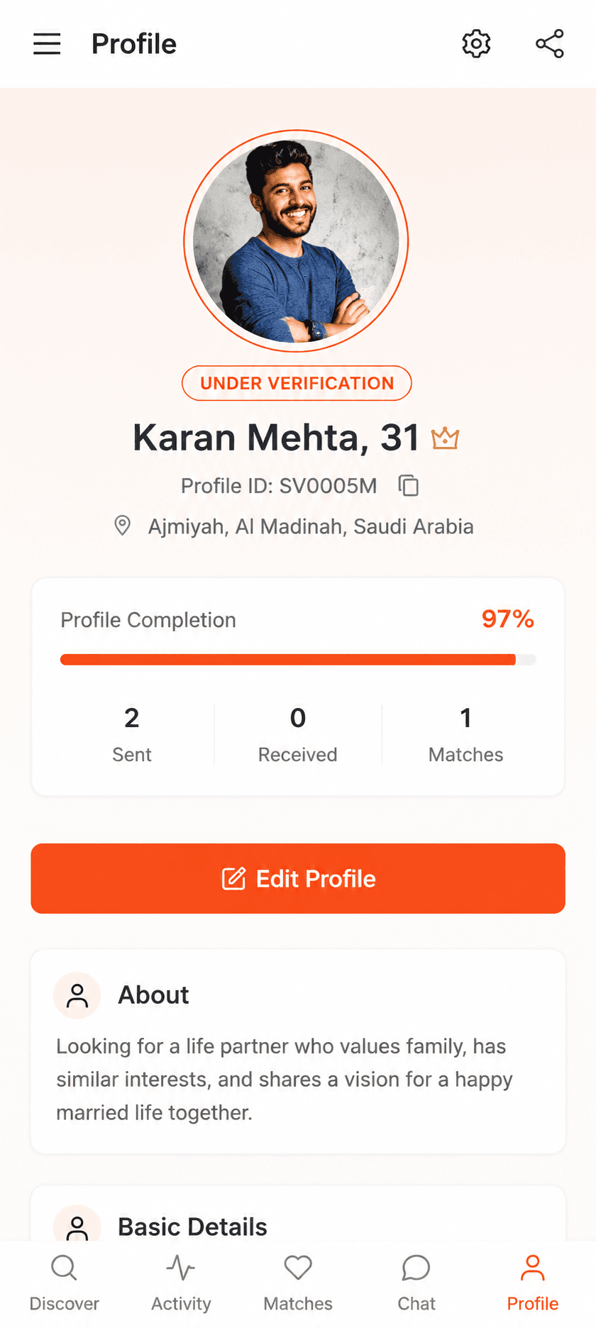 StarVivah Profile screen
